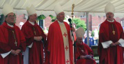 Archbishop Nichols (centre) pictured during the Mass, with (left to right) Bishop David McGough, Bishop Philip Pargeter