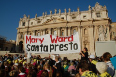 banner in front of St Peter's calls for speedy sainthood for Mary Ward