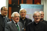 Archbishop Nichols (centre) with Anthony Brindle, Bishop George Stack and Fr Paul Embery at the launch