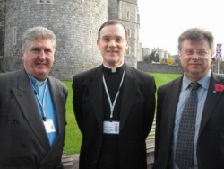 l-r Columban Fr Sean McDonagh, Bishop John Arnold, CAFOD director Chris Bain at Windsor