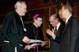 l-r Fr Michael Higgins, Head of Franciscan Family, Bishop John Arnold, receiving certificates from HRH Prince Philip, HE Mr Ban Ki-moon 