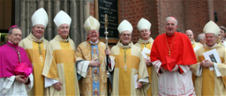 Archbishop Longley outside St Chad's  with l-r : Papal Nuncio, Archbishop Faustino Sainz Munoz; Bishop William Kenney, CP, Archbishop Vincent Nichols,  Picture by Peter Jennings