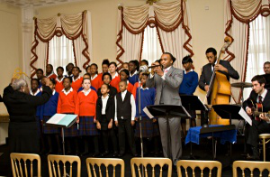 Maria Fidelis Convent School Gospel choir, with  jazz trumpeter Abram Wilson and quartet (Embassy photo by SJ Mayhew)