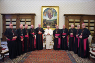 L-R: Bishop Joseph Toal, Bishop Mone (Emeritus), Bishop Cunningham, Bishop Devine, Cardinal Keith O'Brien, His Holiness Pope Benedict, Archbishop Mario Conti, Bishop Logan, Bishop Murray (Emeritus), Bishop Moran, Bishop Philip Tartaglia