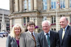   L-R Sharon Lee, Strategic Director, Environment & Culture, Councillor Alan Rudge, Lord Patten,  John Blakemore, Acting Chief Highway Engineer, outside Birmingham Council House  Picture: Peter Jennings