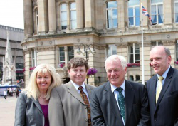   L-R Sharon Lee, Strategic Director, Environment & Culture, Councillor Alan Rudge, Lord Patten,  John Blakemore, Acting Chief Highway Engineer, outside Birmingham Council House  Picture: Peter Jennings