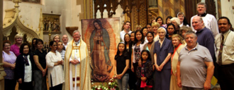 Archbishop Longley and congregation with the image of Our Lady of Guadalupe