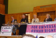 On the platform: Dr Austin Ivereigh, Fr Christopher Jamison, Polly Toynbee, Professor Grayling, Peter Tatchell