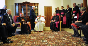  Holy Father is seated with L-R Chair of NCSC Mr Bill Kilgallon, Cardinal Keith O'Brien, Archbishop Vincent Nichols, and others.