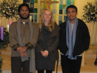 Mericio Akara and Emanuel Bria with Lauren Donaldson from CAFOD (centre)