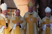 Canon Breen, with (L-R) Bishop Pargeter, Archbishop Longley, Cardinal Murphy-Connor, Bishop David McGough, and Bishop William Kenney CP. Picture:  Peter Jennings.
