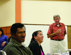 Fr Burns shares a laugh with survivors of violence. Image: Sean Sprague.