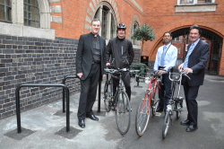Bishop John Arnold, with diocesan staff Pavol Ivanko, Mathew D'Souza, Charles Donnington with new cycle racks.