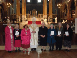 Eilish Walsh, Mary Goggins, Kathleen O'Gorman, Philomena de Souza, Mary Trzebiatowski, Patricia Heenan and Marie St Mart with Bishop George