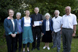 Bishop Declan with parishioners from St. Bonaventure's. Hilary Farey is left of the bishop