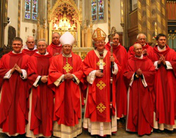 Archbishop Bernard Longley and Mgr Keith Newton with new priests  Picture: Peter Jennings