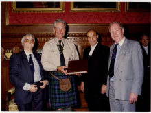 L-R Robin Humphreys, Garth Morrison Chief Scout, Bernard Weatherill, House of Commons Speaker, Doug Smith