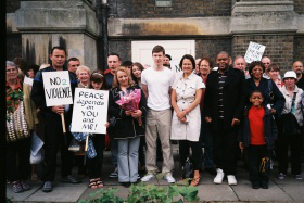 Dinnegan family with Islington Council Leader Catherine West  & supporters at St Mellitus Church