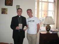 Bishop John Arnold and Tony Sheen with gifts to be presented to Bishop Pedro Casaldáliga