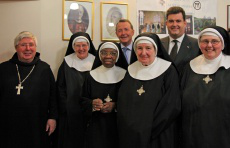 Members of Tyburn Community with l-r Abbot Cuthbert Johnson OSB, Lord David Alton of Liverpool, HE Mr Anthony Bailey