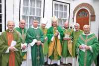 (L-R) Fr Francis Selman, Fr Allen Brent, Fr Alan White OP, Bishop Patrick Walsh, Archbishop Vincent Nichols, Fr Alban McCoy OFM Conv, Fr David Standley, Fr Stephen Ortiger OSB.