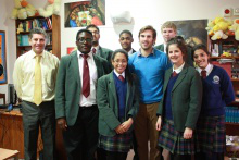  Phil Leonard (in blue jumper) with Head of RS, Paul Warrilow and some Year 11 pupils