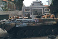 Tank in front of church - pic ACN