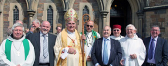 Cardinal Keith Patrick O’Brien, pictured after the Mass with l-r: Abbot Cuthbert Johnston OSB, Hugh McVey, Fr Christopher Wallbank M.Afr, Peter Jennings, Fr Donald MacLeod M.Afr, and Canon John Creanor. Picture by Stella Jennings