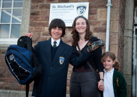 Peter Furbank, 11, was first through the school gates with his mum Kathryn Furbank and sister Paige, aged 6. Photo: Paul Richards