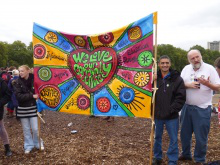 Some of the Burnley community centre group with banner - Cllr Paul Reynolds, Chris Keene both on right