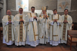 L-R: Fr John Hemer MHM; Mgr Mark O’Toole, Rector of Allen Hall; Giles Pinnock; Bishop John Arnold; Jeffery Steel; Fr Stephen Wang. 