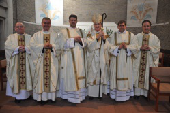 L-R: Fr John Hemer MHM; Mgr Mark O’Toole, Rector of Allen Hall; Giles Pinnock; Bishop John Arnold; Jeffery Steel; Fr Stephen Wang. 