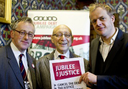 Sir Gerald Kaufman MP (Centre) with constituent Stephen Pennells (Left) and Nick Dearden, Director, Jubilee Debt Campaign (Right)