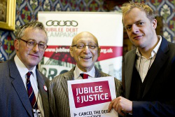 Sir Gerald Kaufman MP (Centre) with constituent Stephen Pennells (Left) and Nick Dearden, Director, Jubilee Debt Campaign (Right)