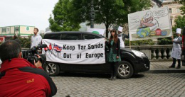 Keep Tar Sands Out Of Europe campaigners at Houses of Parliament, Westminster