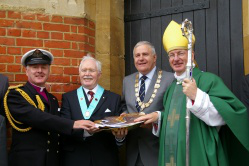 L to R:  Mgr Andy McFadden, Principal Catholic Chaplain, Royal Navy  John Walters, Provincial Grand Knight, Surrey  Ron Lynch, Supreme Knight  Bishop Richard -  image Barry Hudd