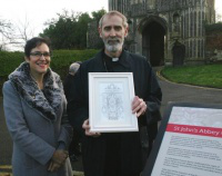 Francoise Guild with her sketch and Bishop Alan Williams