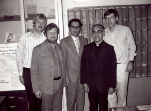 l-r CAFOD Director Julian Filochowski,  Denis Canavan MP,  Lord Chitnis, Archbishop Romero,  Peter Bottomley MP  during 1978 visit to El Salvador