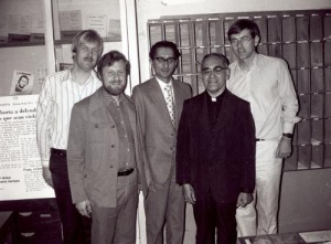 l-r CAFOD Director Julian Filochowski, Denis Canavan MP, Lord Chitnis, Archbishop Romero, Peter Bottomley MP during 1978 visit to El Salvador