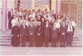 Archbishop Romero, (centre) at Marist Salvadoran high school after 50th anniversary Mass and lunch 1974