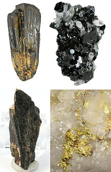 Four common conflict minerals: coltan, cassiterite, gold ore, wolframite. Wiki image Rob Lavinsky, iRocks.com 