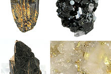 Four common conflict minerals: coltan, cassiterite, gold ore, wolframite. Wiki image Rob Lavinsky, iRocks.com 