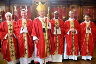 Cardinal Nichols with Fr Bill Bowder, Fr David Burke, Fr Cyril Chiaha, Fr Daniel Humphreys and Fr David Lucuy