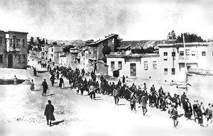 Armenian civilians being marched to prison by Ottoman soldiers through Harput, to Elâzığ 1915