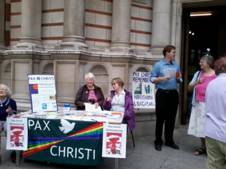 Information stall outside Westminster Cathedral