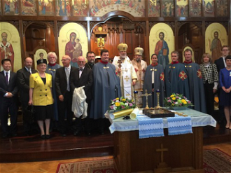 Bishop of the Eparchy of New Westminster, The Most Rev Kenneth Nowakowski (centre) at the Investiture ceremony Ukrainian Greek Catholic Cathedral of the Holy Family in Exile