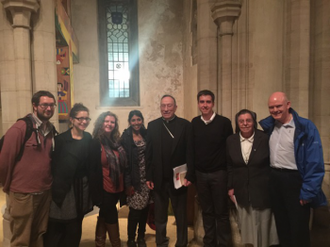 Cardinal Rodriguez at the Romero Cross, and with fellow Salesians from across Britain who came for the lecture