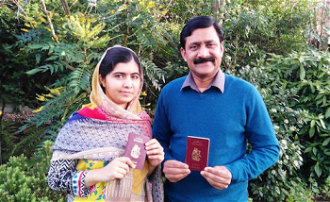 Nobel laureate Malala and her father Ziauddin Yousafzai with their new Bethlehem Passports