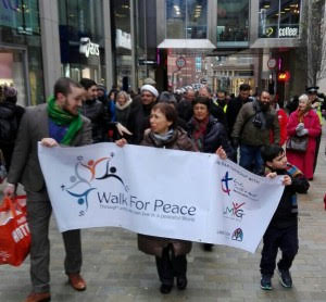 Focolare members in Leeds walking together for Peace with Mohammad Mozaffari and friends from LMYG