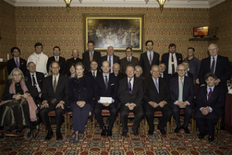 Group gathered for the presentation, including front row:  LtoR: Baroness Masham of Ilton, HE The Hungarian Ambassador, Lady Nicholas Windsor, Lord Nicholas Windsor, Lord Alton of Liverpool, Field Marshal Lord Guthrie, Lord Deben, Lord Shinkwin